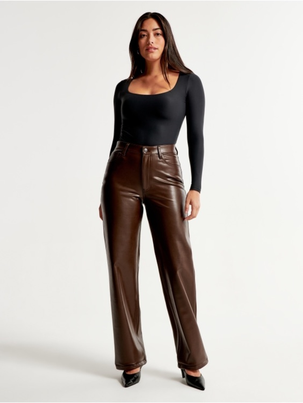 Abercrombie & Fitch Wide-Leg Faux Leather Pants in Dark Brown